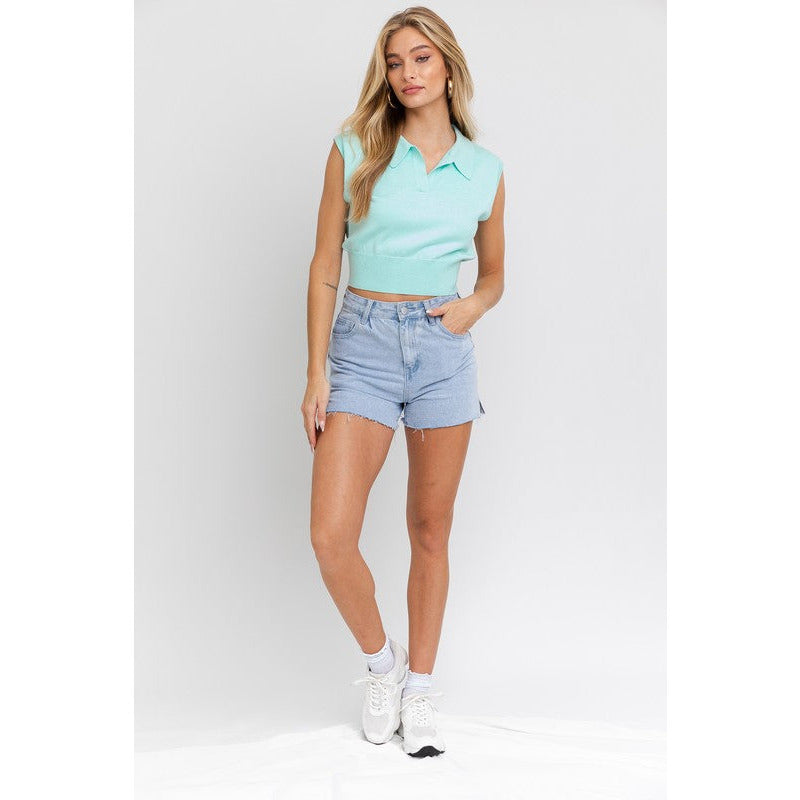 SLEEVELESS POWER SHOULDER KNIT TOP