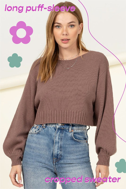 All to Myself Long Puff-Sleeve Cropped Sweater