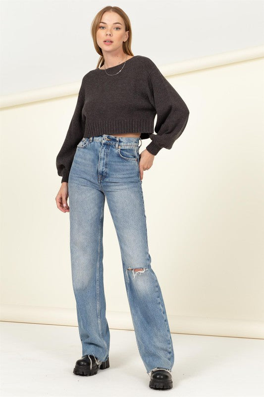 All to Myself Long Puff-Sleeve Cropped Sweater
