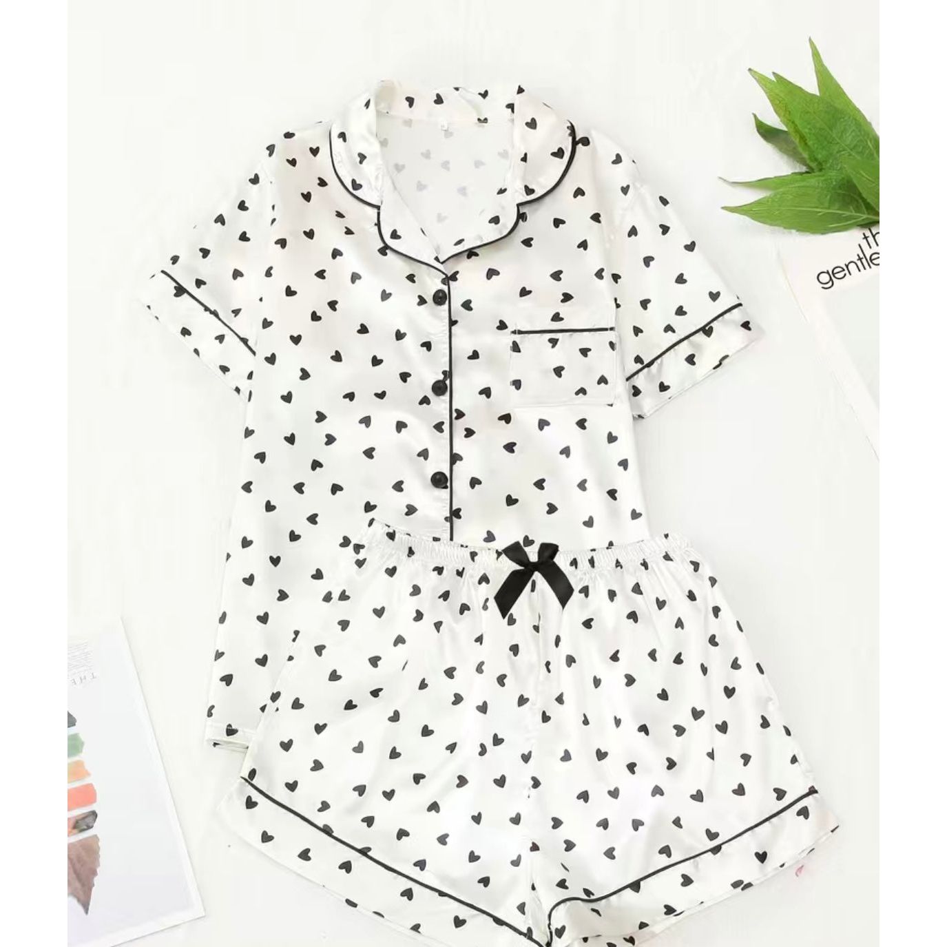 Heart Print Satin Pajama Set
