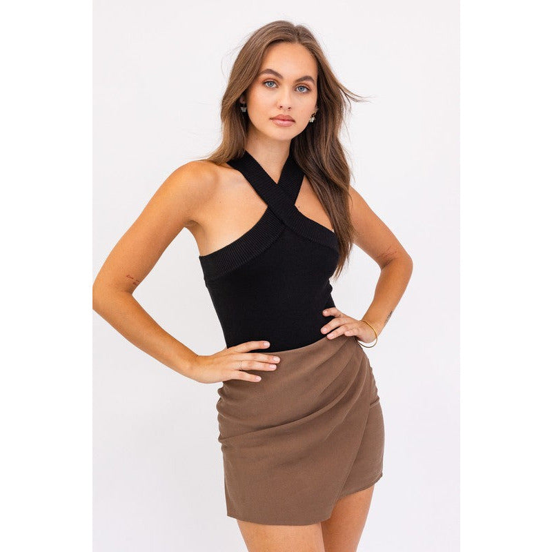 CRISS CROSS HALTER BAND SWEATER BODYSUIT