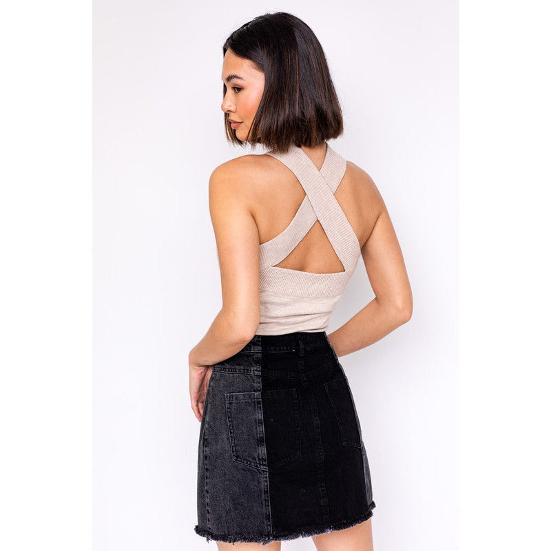 CRISS CROSS HALTER BAND SWEATER BODYSUIT