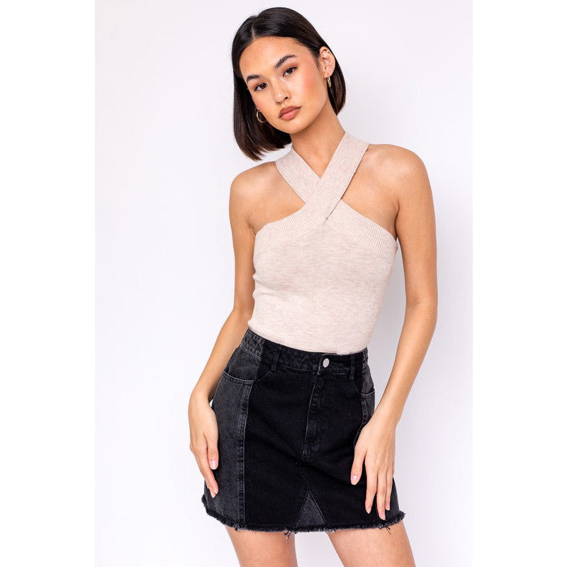 CRISS CROSS HALTER BAND SWEATER BODYSUIT